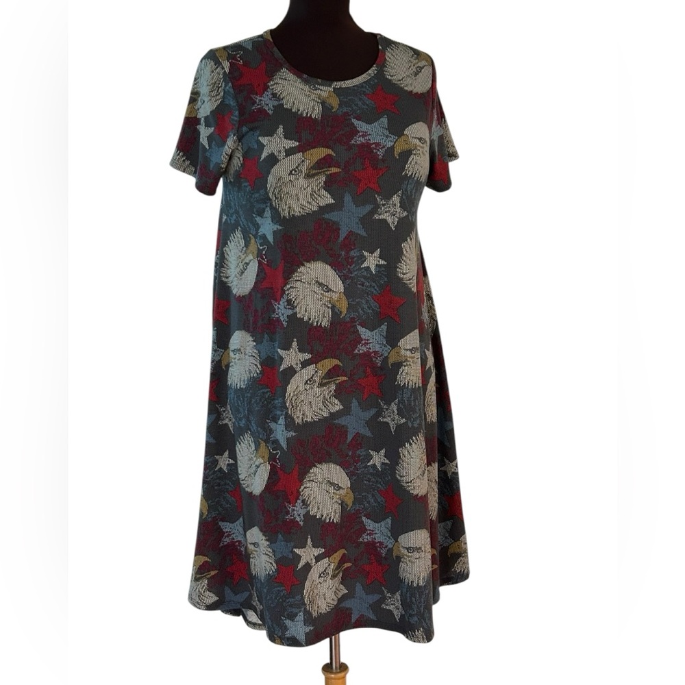New LuLaRoe Small Carly Swing Dress America Eagle Stars Blue Red White NWT